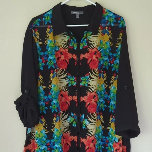 Roz & Ali Floral Sheer Button Down Tropical Blouse Woman 2X Black Blue - Picture 5 of 16
